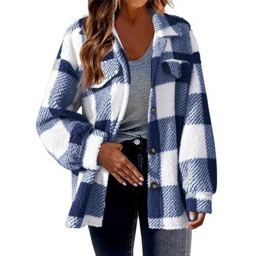HAOLEI Plaid Flannel Shacke Women UK Clearance Fleece Trench Shirts Winter Tartan Jacket Woolen Button Down Pea Coats Ladies Fluffy Fuzzy Shirt Lapel Pocket Checked Tops