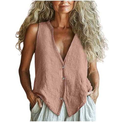 Cotton Linen Shirts Tank Tops for Women UK Button Down V-Neck Vest Ladies Plain Cotton-Linen Sleeveless Tshirts Lightweight Breathable Blouses 2025 Summer Loose Fit Tee Shirt