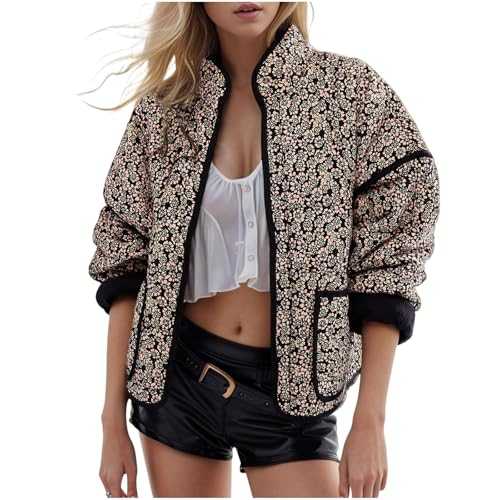AMhomely Warm Quilted Jackets for Women UK Winter Vintage Long Sleeve Floral Print Button Down Puffer Jacket Coats with Pockets Ladies Girls Trendy Y2K Streetwear Outerwear