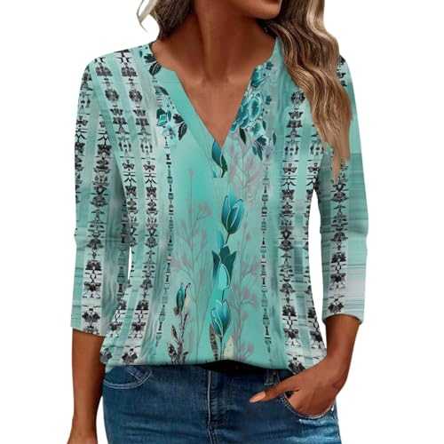 Womens 3/4 Length Sleeve Tops Casual Going Out Floral Printed T Shirts 2024 Trendy V Neck Loose (Z01AA-Purple, XXXL) Women's Long Sleeve Tops