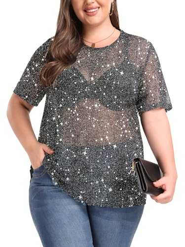 ForHailey Women's Plus Size Mesh Sheer See Through Short Sleeve Blouse Tops Tshirts