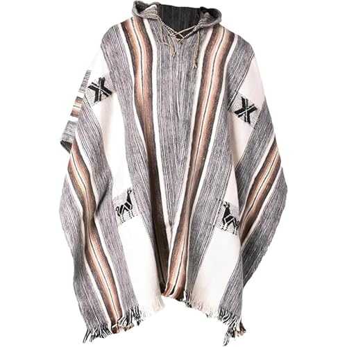 Gamboa - Hooded Alpaca Poncho - Handmade Rustic Poncho - White and Grey with Brown Stripes(Size: One Size)