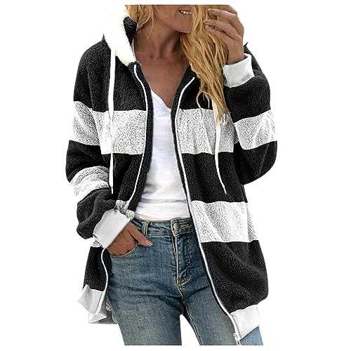 Fluffy Hoodies for Women Fleece Jacket Winter Teddy Bear Coat Warm Plush Jackets with Pockets Soft Fuzzy Coat Hooded Overcoat Cardigan Full Zip Casual Loose Comfy Jumper Tops Ladies Size 8-22