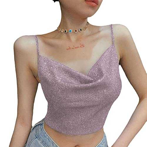 FeMereina Womens Sequin Cowl Neck Cami Tank Top Spaghetti Straps Low Cut V-Neck F Shiny Tank Top Glitter Camisole Party Tops Vest Cami Shirts