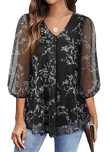 SeSe Code Womens Lantern 3/4 Sleeve Mesh Blouses Pleated Front Tunic V Neck Tops