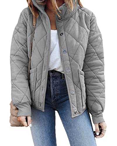 Fazortev Womens Dolman Quilted Jackets Casual Button Down Winter Long Sleeve Stand Neck Lightweight Warm Coat