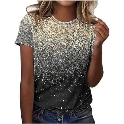 Sequin Short Sleeve Top Sparkling Crystal Printed Short Sleeve Shirts Summer Round Neck Blouses Ladies Shimmer Pullover Glitter Top Sparkly Festival Party Shining Tees Summer Tees Plus Size S-5XL