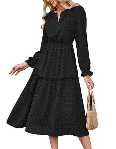 JASAMBAC Long Sleeve Dresses for Women Vitange Wedding Guest Dresses Swiss Dot Pleated A Line Dresses Cocktail Dresses V Neck Casual Dress Semi Formal Dresses Boho Flowy Dresses Midi Dress