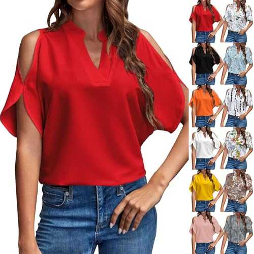 Women's Chiffon Blouse Elegant Casual Cold Shoulder Shirt Notched V Neck Short Sleeve Tops Summer Solid Color Loose Ladies Tee Shirt Party Wear UK