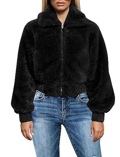 FANCYINN Women's Teddy Cropped Faux Fur Jacket Oversized Fuzzy Faux Fur Winter Coat with Pockets for Women Long Sleeve Zipper Outwear