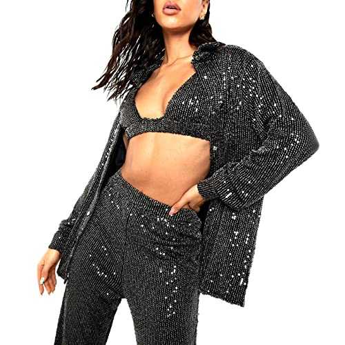 Women Sparkly Button Down Shirts Glitter Sequin Long Sleeve Blouse Shirts Top Bling Shiny Oversized Lapel Tops Party Clubwear