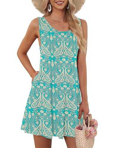 AUSELILY Summer Dresses for Women UK Casual Sleeveless Pleated Ladies Dress with Pocket