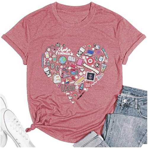 Teacher Shirt Women Teaching T-Shirt Funny Heart Graphic Tee Top Cute Kindergarten Teachers T-Shirt