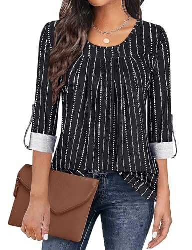 Womens Long Sleeve Tops Casual Crew Neck Blouses Roll-up 3/4 Sleeve Tops Dressy Casual Tops Loose Tunic Shirts S-2XL