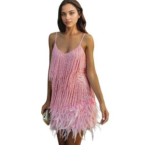 LAEMILIA Womens Glitter Sequin Party Dresses Spaghetti Strap V Neck Mini Fringed Tassel Dress Sparkly Ball Gown Sequined Prom Dress Sexy Evening Cocktail Outfit S-XL