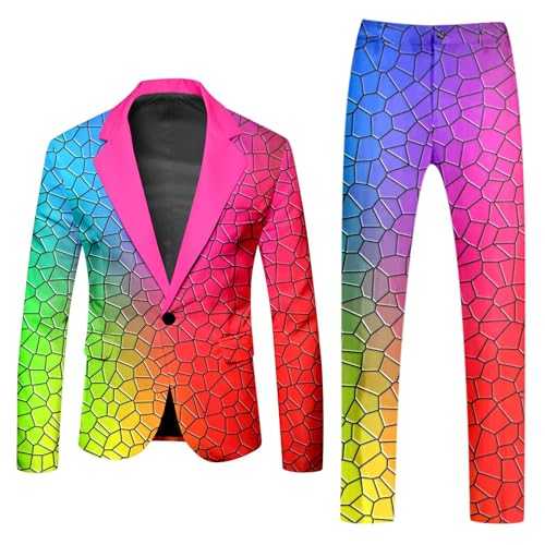 Mymyguoe Fashionable Party Rainbow Suits 2-Piece Men's Suit Jacket and Suit Trousers Two Piece Men's Suits Rainbow Funky Suits Suit Neon Coloured Blazer Jacket Trousers Suits Slim Fit Clubwear Men's