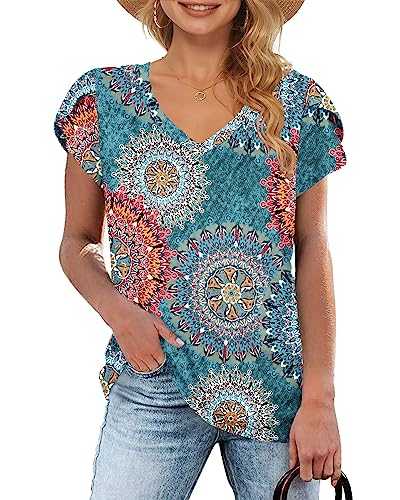 WNEEDU Women Summer Tops Petal Short Sleeve V Neck T Shirts Casual Basic Top