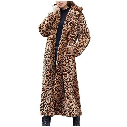 HAOLEI Women's Faux Fur Jackets Winter Leopard Coats Loose Fleece Full Length Coat Ladies Thicken Warm Coat Open Front Comfy Soft Long Jacket Fluffy Fuzzy Outwear Teddy Coats Maxi Jacket UK Clearance
