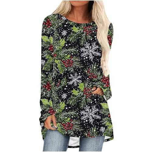 Mrat Christmas Tops for Women Sale Clearance Xmas Festival Casual Crew Neck Sweatshirt Reindeer Santa Snowflake Elk Print Longline Blouses Shirts Tunic Tops Christmas Dresses Dressy Trendy Clothes