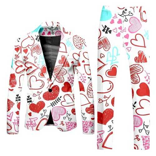 Valentine's Day Party Costume Men's Blazer Trousers 2-Piece Modern Printed Suit for Men Heart/Love Print Blazer Jacket with Trousers Slim Fit Suit for Valentine's Day Party Outfits Complete Men's Suit