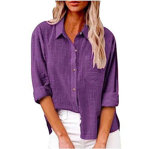Womens Blouse Shirt Long Sleeve Cotton Linen Tops Business Office Casual Tunic Tops Button Down Shirts Oversized Plain Tops Blouse for Work Loose Fit Dressy Tops Plus Size Tee Shirts