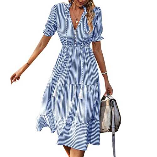 BAIXIAOCHI Women's Fashion Short Sleeve Dress Summer Striped Dress Temperament Dress