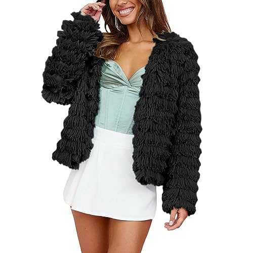 FeMereina Women's Faux Fur Cropped Jacket Fall Winter Fashion Soft Long Sleeve Open Front Fluffy Short Coat Outerwear