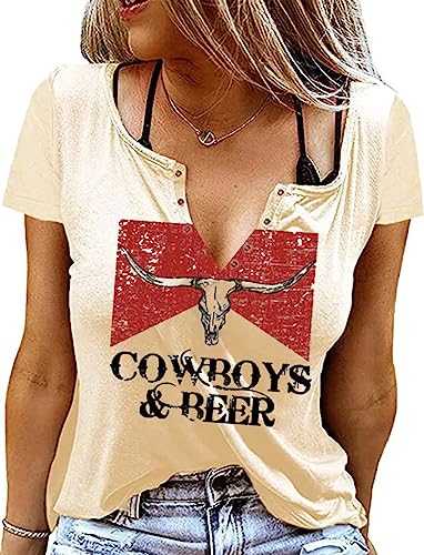 Cowboys & Beer Steer Skull Shirt Women Vintage Country Music Tshirt Retro Western Cowboy Rodeo Blouse Tees Tops