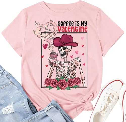 Womens Skeleton Valentine's Day Shirts Ghost Love Heart Printed T-Shirts Short Sleeve Casual Graphic Tee Tops