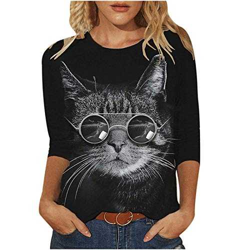 Women Casual Tunic Tops Pattern Printed Ladies Summer Loose Solid Cat Printed Long Sleeve O-Neck Blouse Tops Pullover Office Tops Sale UK Size Shipping 5-7 Days