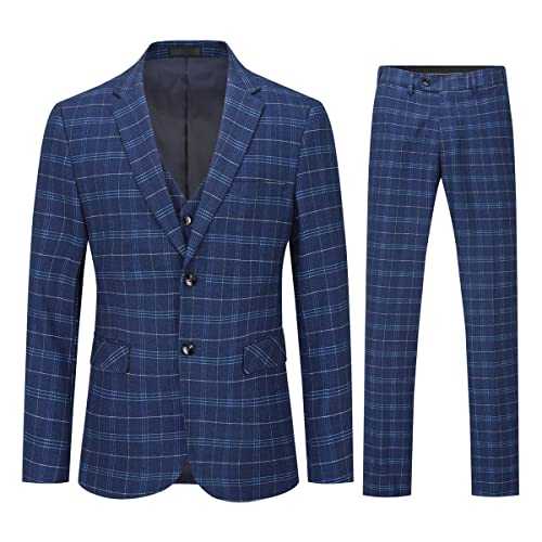 Allthemen Mens Suits 3 Piece Slim Fit Checked Suit Single Breasted Herringbone Vintage Tuxedo Formal Business Blazer Waistcoat Trouser