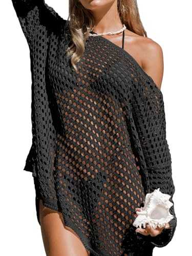 CUPSHE Women's Crochet Cover Up Cutout Drop Shoulder Long Sleeves Pullover Beachwear Top Blouse