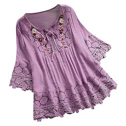 Blouse Women TUDUZ Ladies Plus Size Loose Vintage Lace Patchwork Bow V-Neck Three Quarter Tunic Top T-Shirt