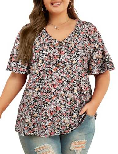 Flikity Plus Size Tops for Women Casual V Neck Ladies Blouses Short Sleeve Dressy Casual Tops Pleats Tunic Tops Solid Loose Summer T Shirts 1XL-5XL