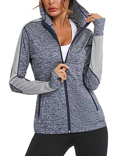 Wayleb Womens Zip Up Hoodie Sports Jacket, Ladies Hoodies Long Sleeve Gym Tops Hooded Sweatshirt for Women, Running Jacket Workout Coat with Pockets and Thumb Holes