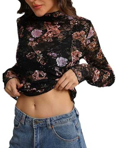 IWOLLENCE Lace Top for Women UK Mesh Long Sleeve Sheer Mock Neck Floral Top Sexy Y2K Undershirt Party Clubwear