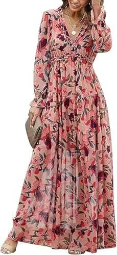 Women Bohemian Maxi Dress Chiffon Long Sleeve V-Neck Ruffle Elegant Flowy Floral Party Dress