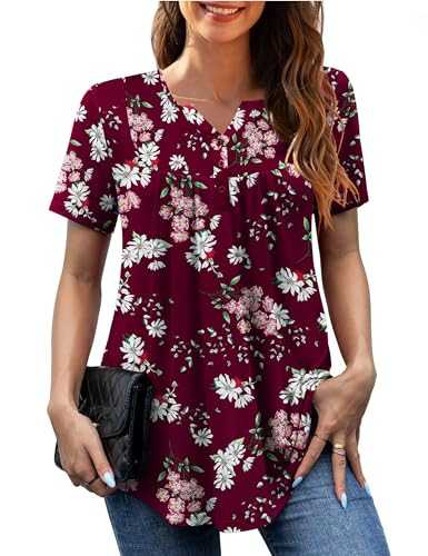 GingDin Womens Plus Size Casual V Neck Tops Short Sleeve Pleated Tunic Tops Shirts Floral Print Blouses Fashion Trendy Size 16-34