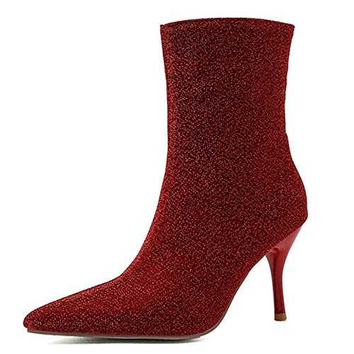 Onewus Women Dressy Ankle Boots with Bling Materail and Thin Heel