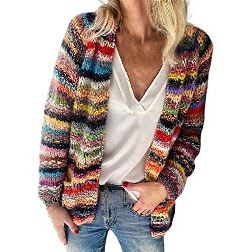 Jieroans Women's Rainbow Cardigan Pullover Long Sleeve Multicoloured Striped Pullover Front Open Jacket Autumn Winter