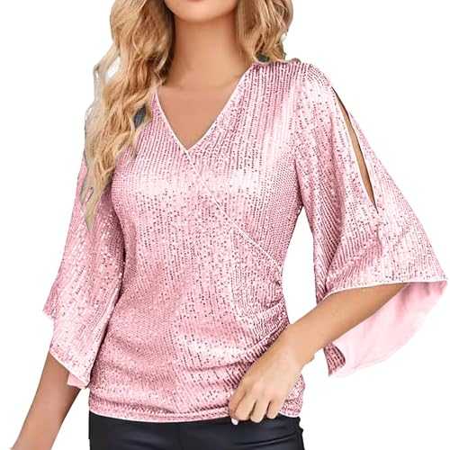 Generisch Women Sequin Tops 3/4 Sleeve Glitter Sparkling Party Blouse V Neck Elegant Tops for Evening Party Earrings Various Sizes