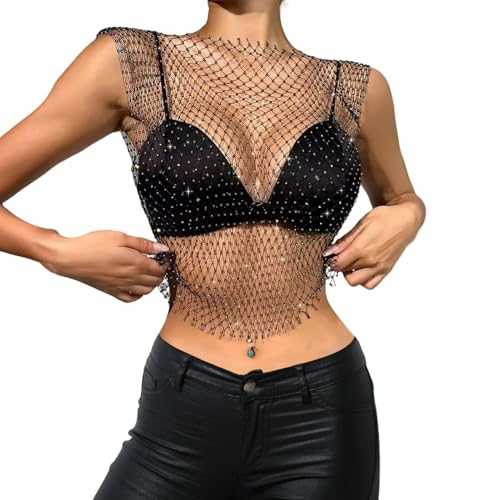 Women’s Rhinestone Mesh Crop Top, Black Sexy Sleeveless Rhinestone Rave Top Lightweight Crystal Fishnet Blouse Diamond Mesh See Through Clubwear, Sparkly Sleeveless Tank for Parties Festivals Club