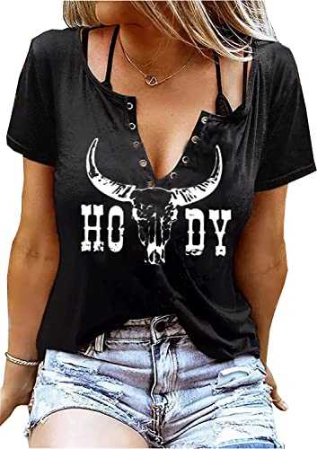 V-Neck Howdy Tshirt Women Western Country Cowboy Shirts Vintage Rodeo Cowgirl Tee Tops Leopard Honey Hat T-Shirt