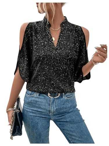 GORGLITTER Women's Cold Shoulder Glitter Blouses Half Sleeve Cutout V Neck Sparkly Shirt Tops