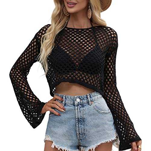 Women's Y2k Crochet Fishnet Long Sleeve Top Vintage Hollow Out Knit See Through Tee Shirt Summer Beach Cover Up