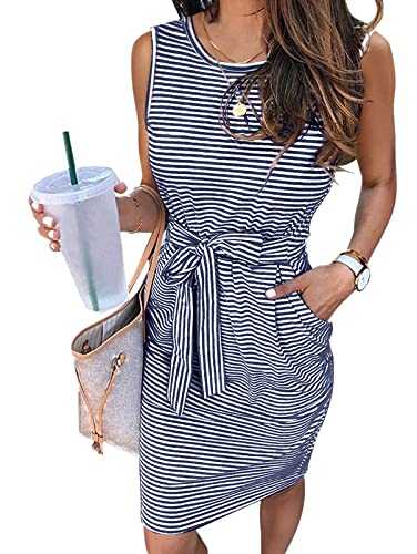 Womens Summer Sleeveless Striped T Shirt Dress Casual Crew Neck Tie Waist Mini Dresses