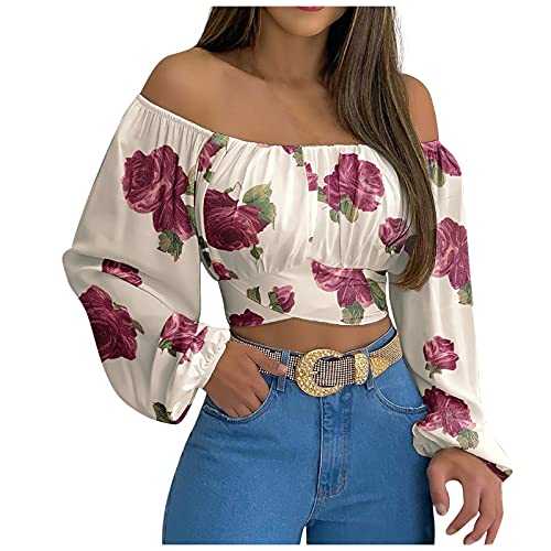 UK Stock Sale Woman's Strapless Long Sleeve Print Off Shoulder Ruched Lantern Sleeve Crop Tops Loose Summer Tee Casual Pleated Henley T-Shirt Ruffle Button up Tunic Shirts for Ladies