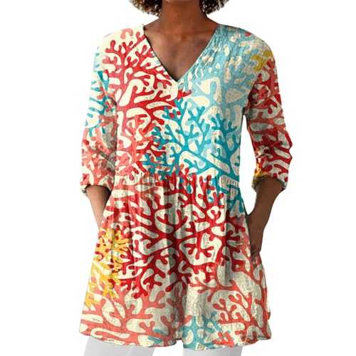 Cocila Womens Linen Tops with Pockets Summer Vintage Floral Printed Tunic Top V Neck 3/4 Sleeve T-Shirt Baggy Swing Tee Shirts Casual Trendy Plus Size Blouse