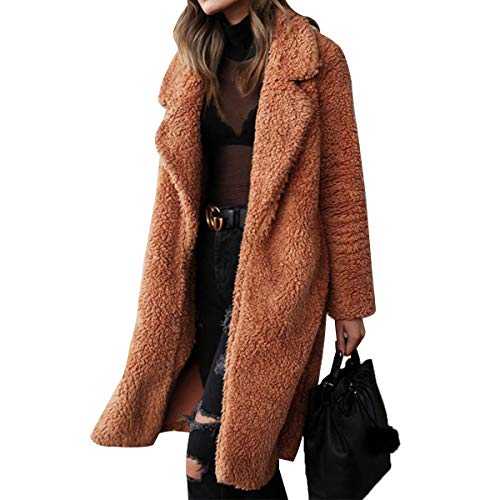 Women's Fuzzy Fleece Lapel Open Front Long Cardigan Coat Faux Fur Warm Winter Outwear Jackets Y2K Streetwear