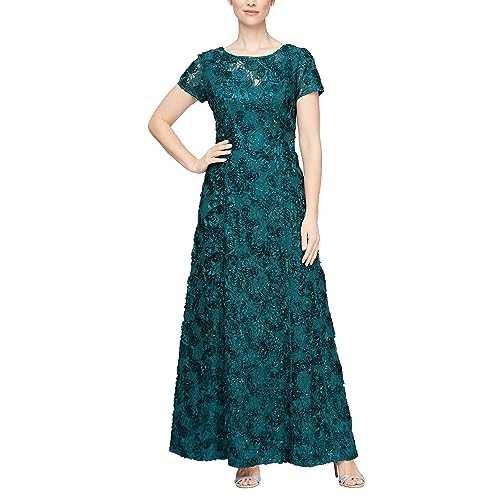 Alex Evenings Women's Long V-neck Stretch Sequin Corded Lace Cap Sleeve Gown Special Occasion Dress